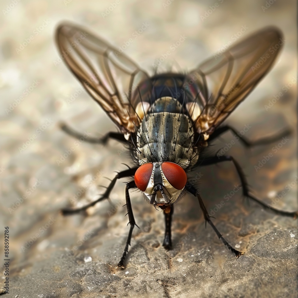 Close-up of a common housefly with detailed view of its red compound eyes Close-up of a common housefly with detailed view of its red compound eyes