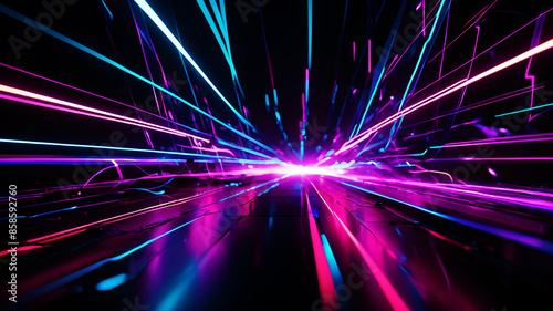 Design an abstract background filled with vibrant, electric light streaks in neon colors. The streaks should be dynamic and energetic, with varying thicknesses and lengths. Use strong, directional lig photo