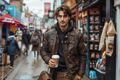 young Londoner man in a leather jacket and chinos holding a coffee cup standing near the Camden Market  photo