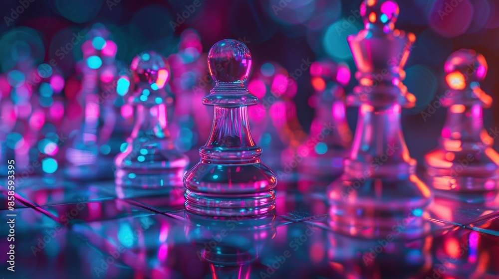 Vibrant glass chess pieces illuminated with colorful lights, showcasing a strategic game with a modern, artistic twist. Vibrant glass chess pieces illuminated with colorful lights, showcasing a strategic game with a modern, artistic twist.