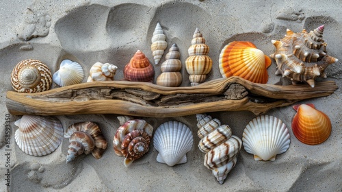 Summer Beach Shells and Driftwood Arrangement on Sandy Shore