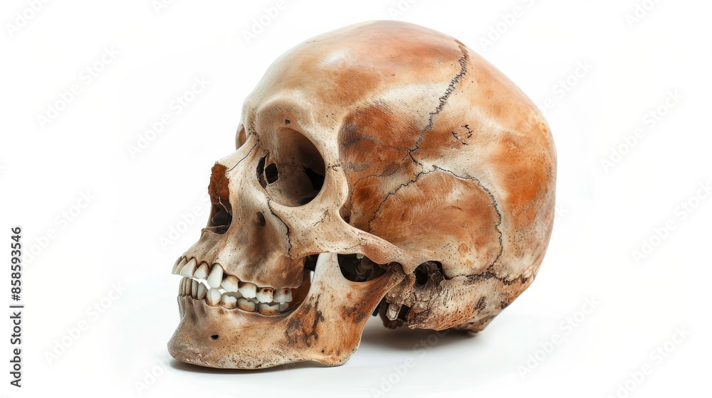 Obraz premium Human skull on white background, side view