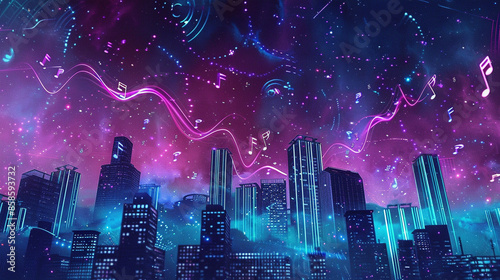 Design a Thumbnail of the 80's hip-hop culture that features a nightime city skyline transformed into an audio equalizer, with buildings pulsating to the beat of lofi music. The sky should be digital 