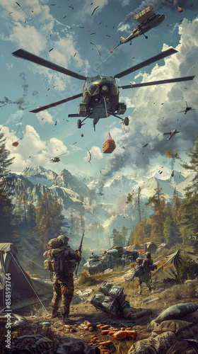 Game settings, apocalyptic war games, scenes of airdrops of supplies, a helicopter in the sky