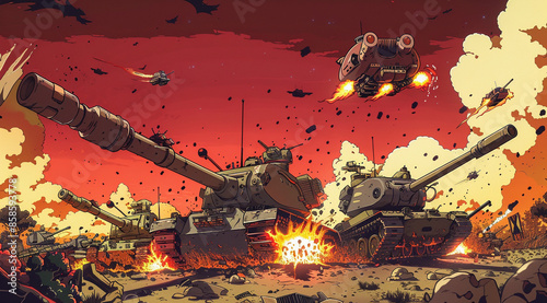 hayabusa tank attack on a cartoon scene of different battles, in the style of dinopunk, revived historic art forms, red and brown