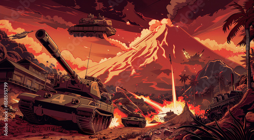 hayabusa tank attack on a cartoon scene of different battles, in the style of dinopunk, revived historic art forms, red and brown