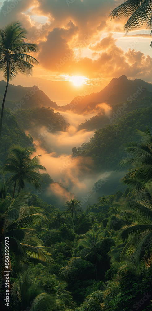 The tropical jungle valley is filled with dense trees stretching between mountain ranges, illuminated by the golden hour. The tropical jungle valley is filled with dense trees stretching between mountain ranges, illuminated by the golden hour.
