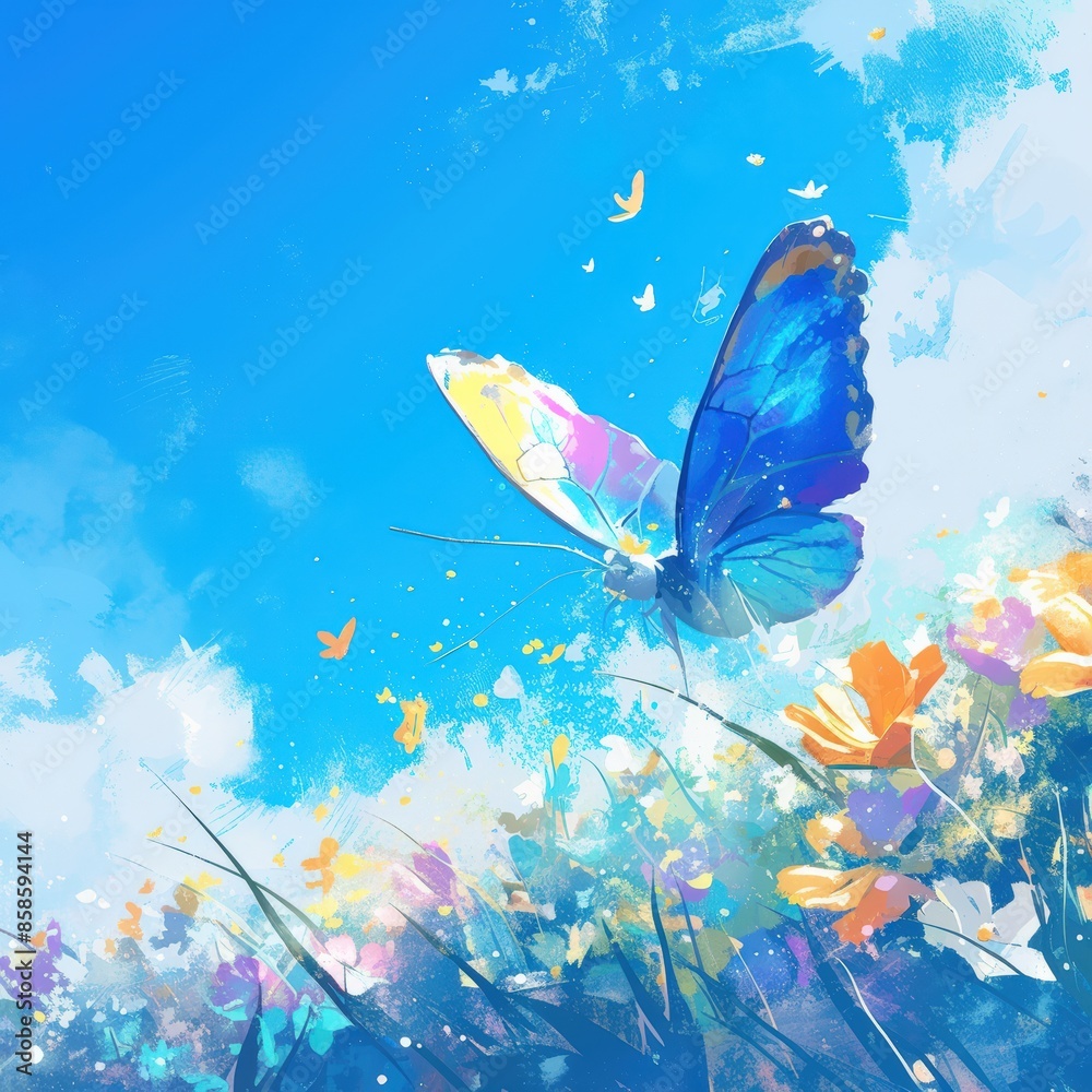 Vibrant blue butterfly with colorful wings flutters over a blooming meadow, under a clear blue sky filled with tiny butterflies. Vibrant blue butterfly with colorful wings flutters over a blooming meadow, under a clear blue sky filled with tiny butterflies.