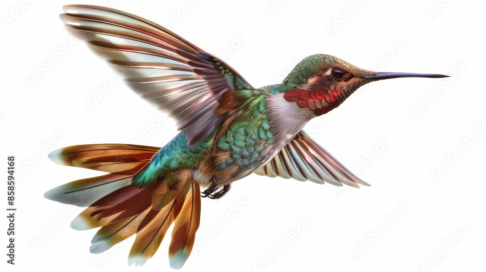 Fototapeta premium Colorful hummingbird in mid-flight on white background