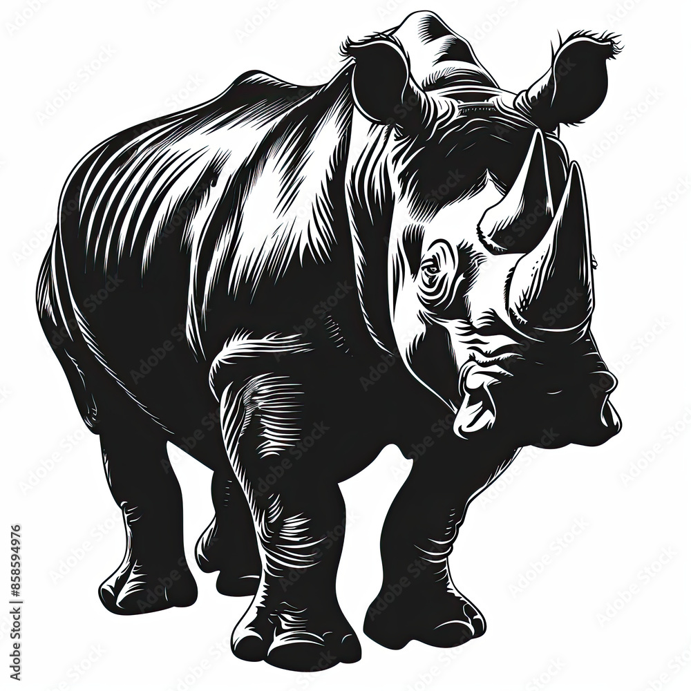 Fototapeta premium A black and white drawing of a rhinoceros on a white background