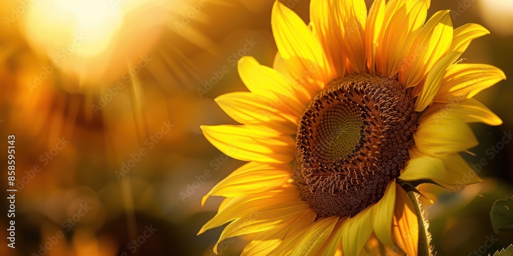Fototapeta premium Yellow sunflowers bloom beautifully in spring nature botanical flower background. Sunflower seed farming.