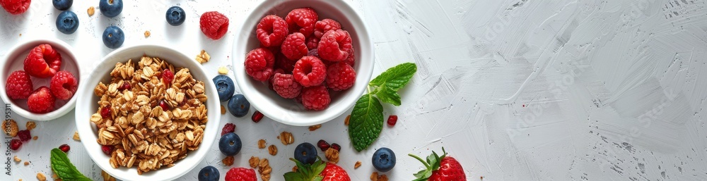 White Marble Surface With Bowls of Yogurt, Granola, and Raspberries White Marble Surface With Bowls of Yogurt, Granola, and Raspberries