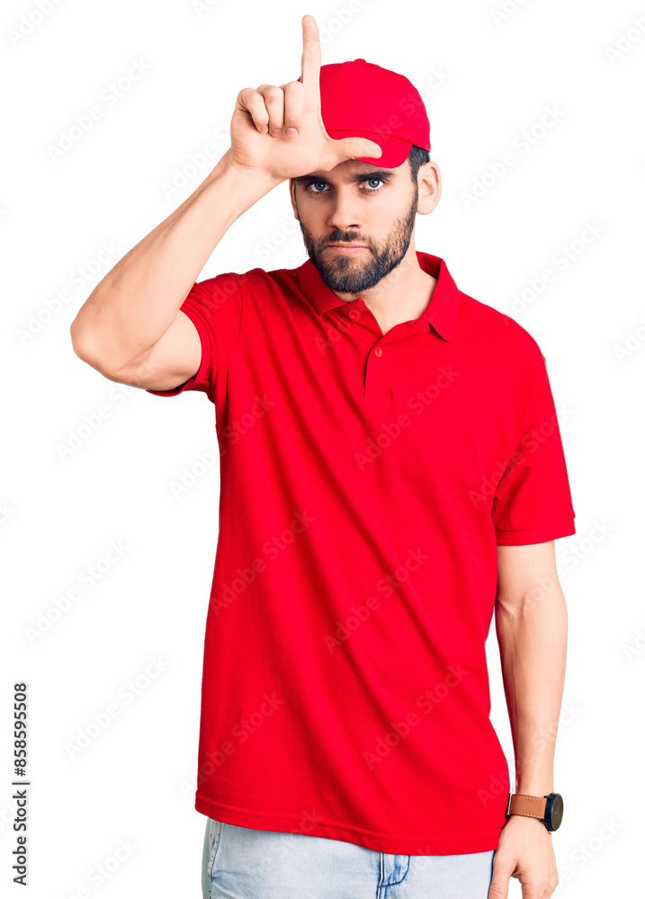 Young handsome man with beard wearing delivery uniform making fun of people with fingers on forehead doing loser gesture mocking and insulting. Young handsome man with beard wearing delivery uniform making fun of people with fingers on forehead doing loser gesture mocking and insulting.