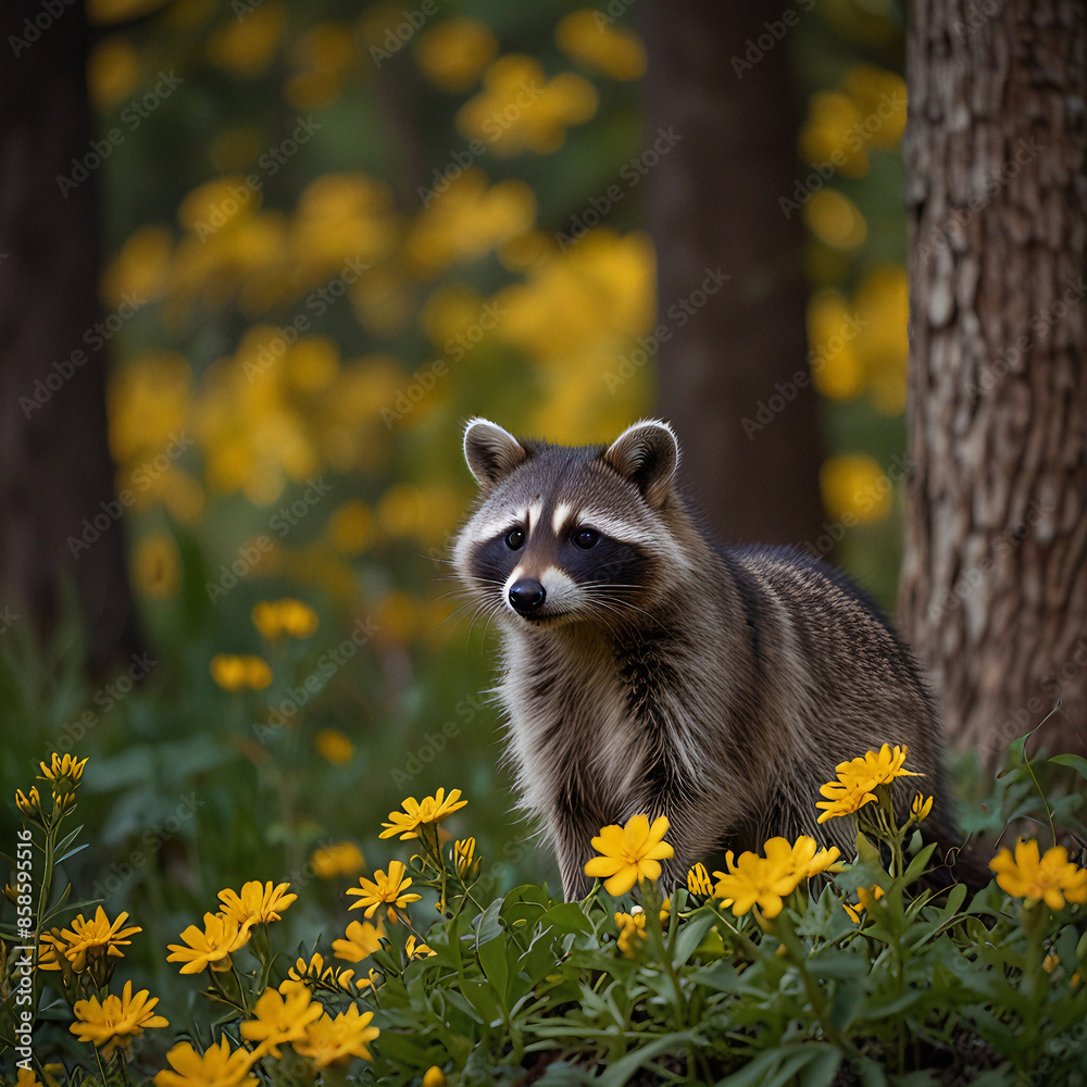 Fototapeta premium Raccoon in a Forest with Yellow Flowers in the Background