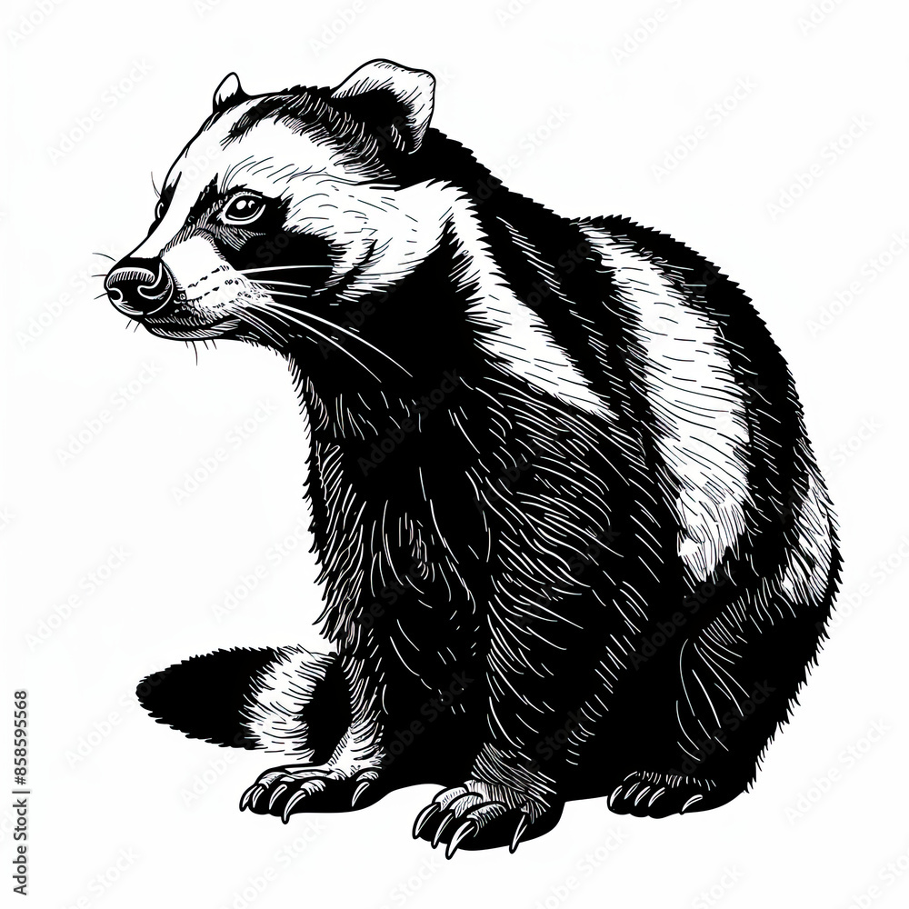 Obraz premium A black and white drawing of a raccoon on a white background