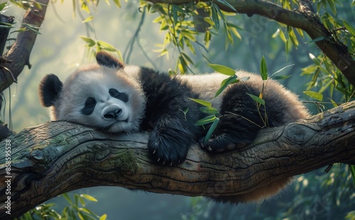 Giant Panda Resting on a Tree Branch in a Lush Forest