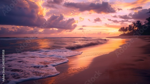 Breathtaking Tropical Beach Sunset with Vibrant Colors and Waves Gently Lapping the Shore 