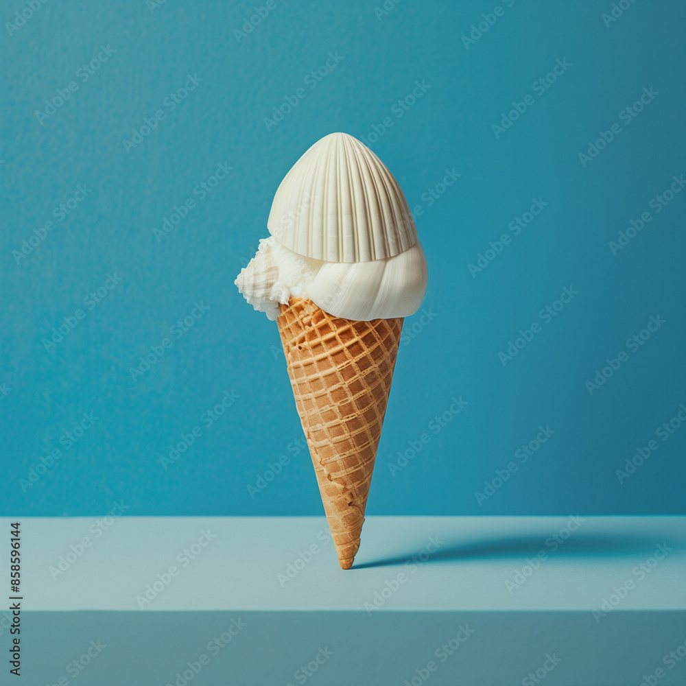 ice cream cone with seashells on blue background, flat lay.Minimal creative food concept. ice cream cone with seashells on blue background, flat lay.Minimal creative food concept.