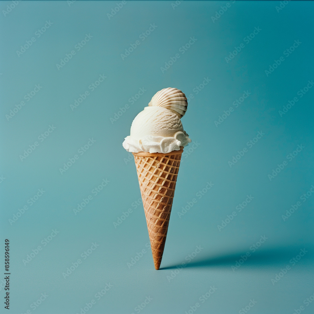ice cream cone with seashells on blue background, flat lay.Minimal creative food concept. ice cream cone with seashells on blue background, flat lay.Minimal creative food concept.