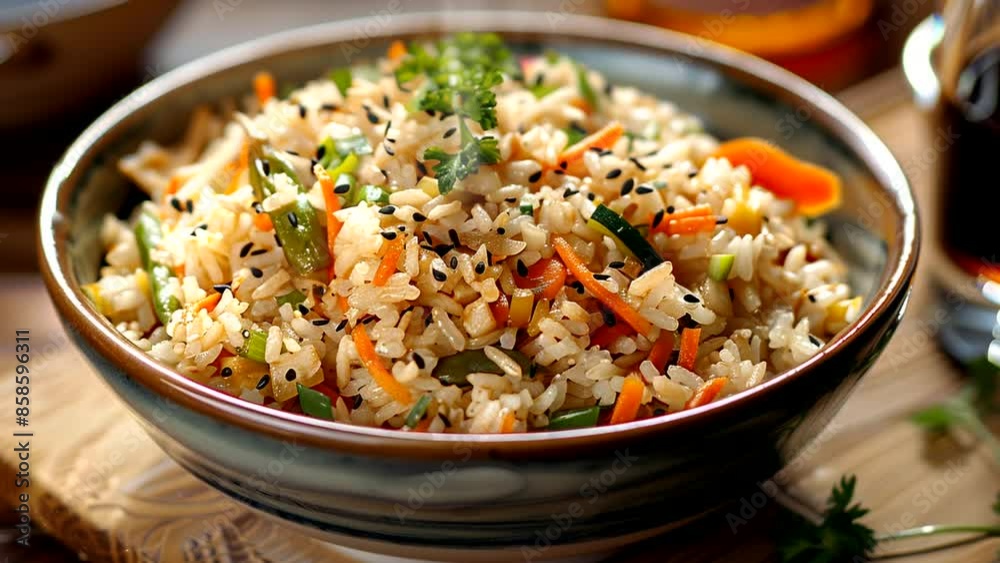 Rice bowl with vegetables, herbs, and soy sauce. Seamless time-lapse video background. Rice bowl with vegetables, herbs, and soy sauce. Seamless time-lapse video background.
