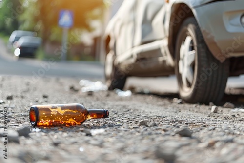 Close-up of beer bottle on road surface near a car – impaired driving – alcohol safety campaign photo