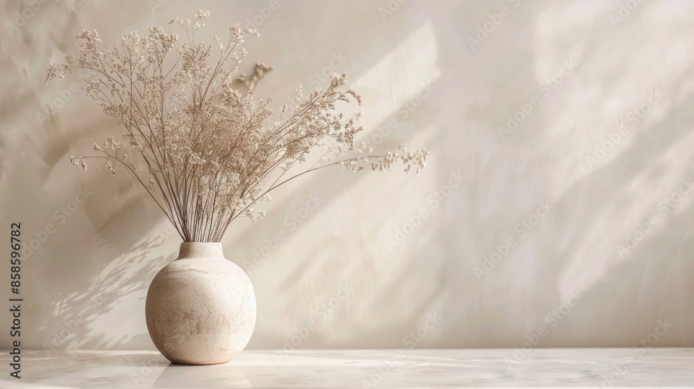 Arrangement of dried plants in vase on marble table with neutral background Arrangement of dried plants in vase on marble table with neutral background