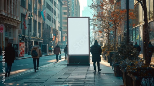 A Large Blank Billboard on a City Street With People Walking By