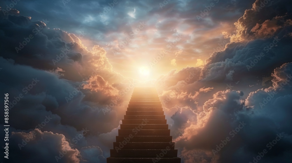 Stairway leading to the light in the cloudy sky, surreal and inspirational concept