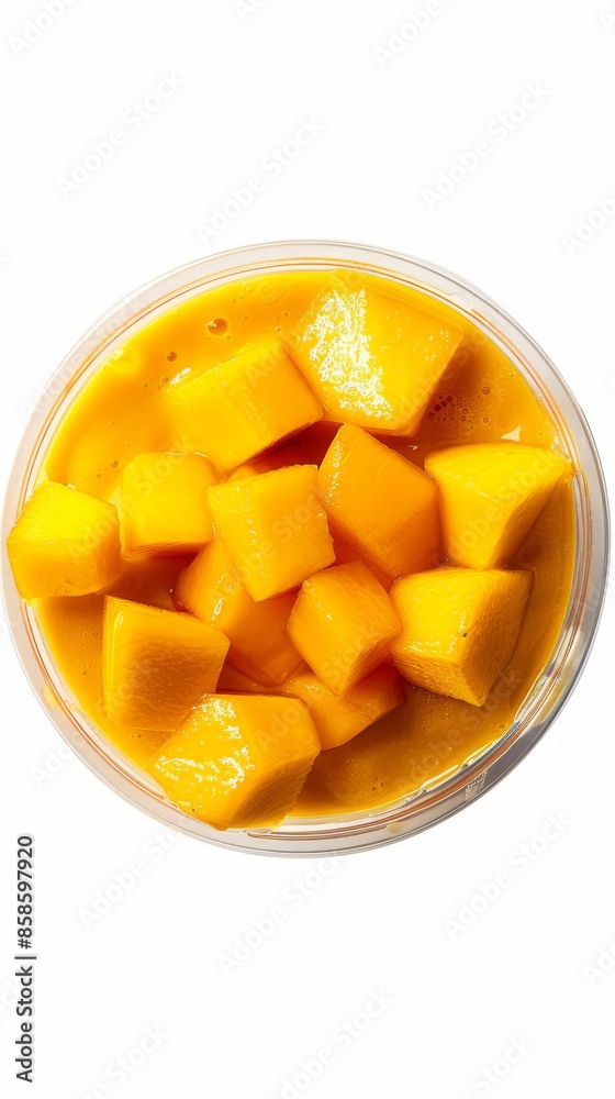 Bowl of diced mango in syrup on white background, top view. Tropical fruit dessert, healthy eating concept Bowl of diced mango in syrup on white background, top view. Tropical fruit dessert, healthy eating concept