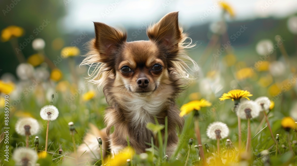 Chihuahua in green meadow with dandelions by lake Chihuahua in green meadow with dandelions by lake