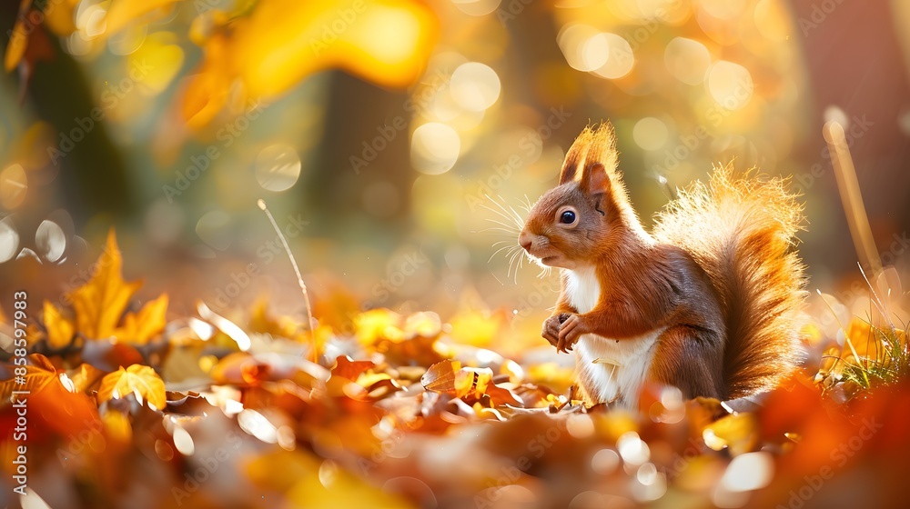 cute portrait with beautiful fluffy red squirrel sitting in autumn Park on a tree oak with bright Golden foliage. cute portrait with beautiful fluffy red squirrel sitting in autumn Park on a tree oak with bright Golden foliage.