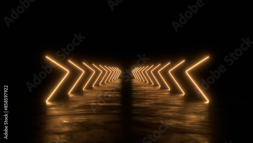 3d animation abstract arrow glowing light line neon colorful background. Blue pink yellow green neon counter arrows approaching, linear graphics leading to the center. 3d illustration render 4k video