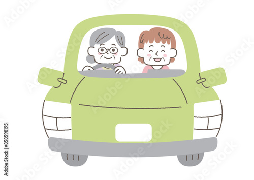 車で出かけるシニア女性の二人組のイラスト