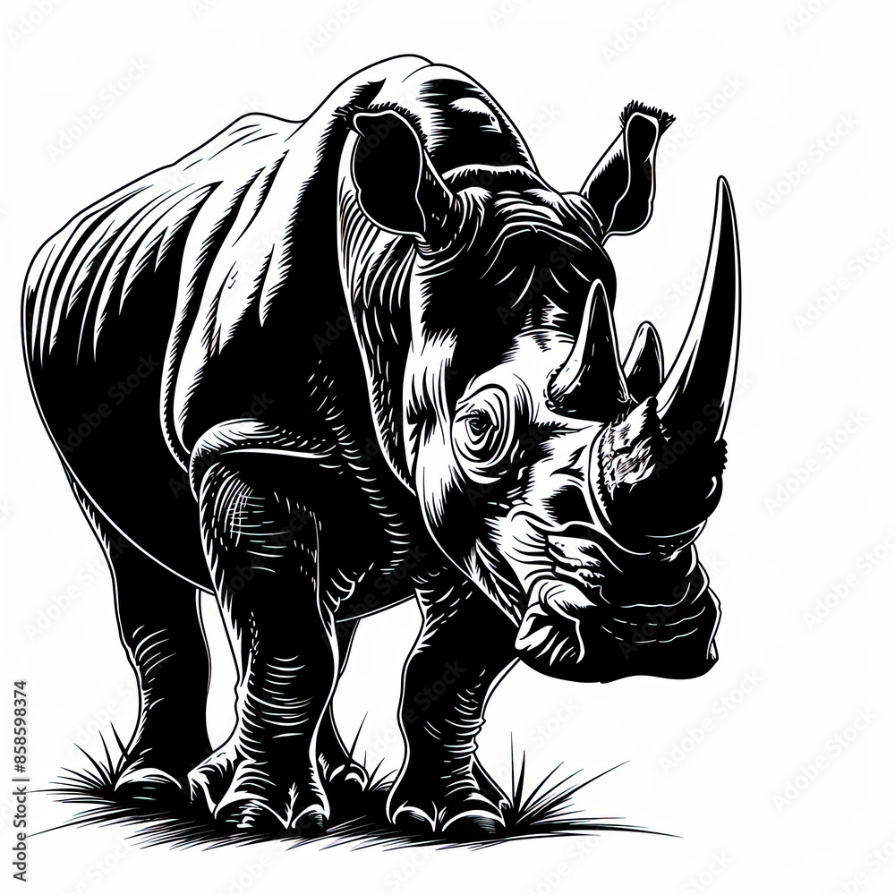 Fototapeta premium A black and white drawing of a rhinoceros standing in the grass