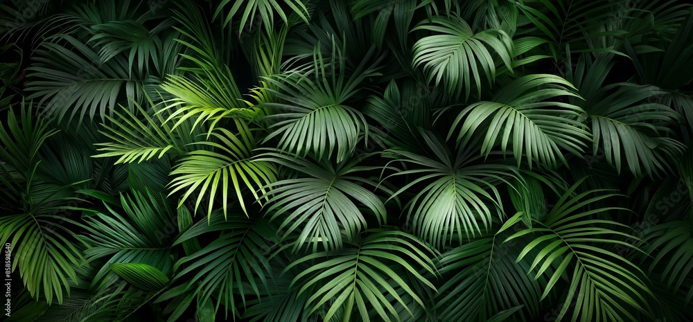 A dense canopy of vibrant green palm fronds, illuminated by soft light, creating a rich and serene jungle atmosphere. A dense canopy of vibrant green palm fronds, illuminated by soft light, creating a rich and serene jungle atmosphere.