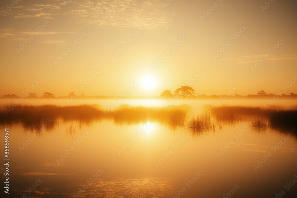 A tranquil landscape featuring mist rising from a calm river at sunrise. The scene is bathed in a warm golden hue, with trees and tall grasses reflected in the still water, creating a serene A tranquil landscape featuring mist rising from a calm river at sunrise. The scene is bathed in a warm golden hue, with trees and tall grasses reflected in the still water, creating a serene