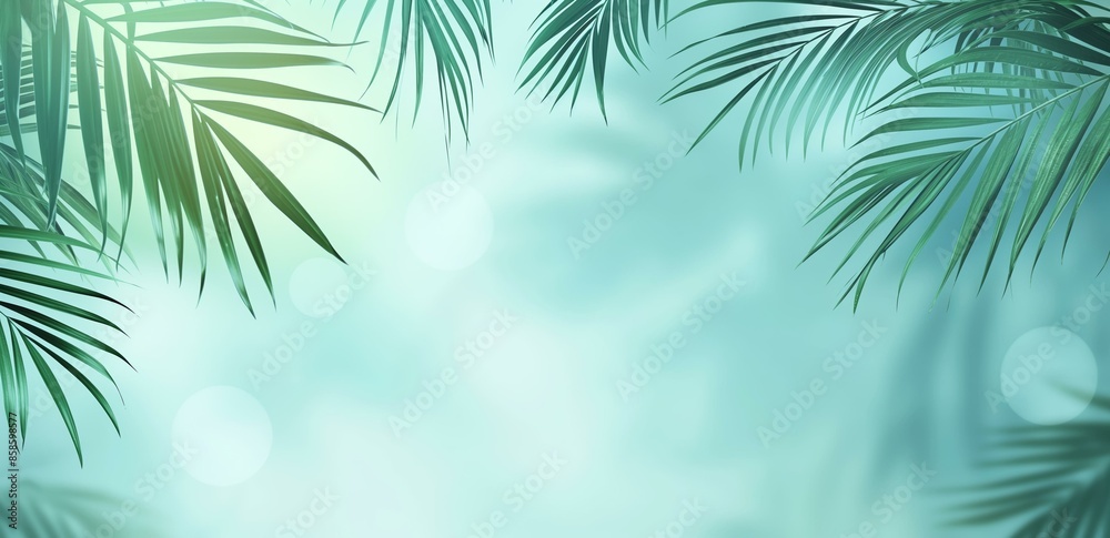 A tranquil image featuring green palm leaves against a softly blurred light blue background, evoking a peaceful and tropical atmosphere. A tranquil image featuring green palm leaves against a softly blurred light blue background, evoking a peaceful and tropical atmosphere.
