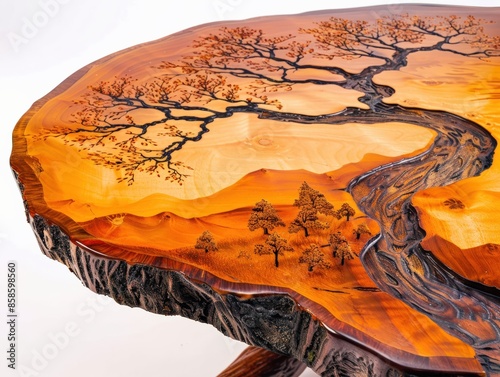 Intricate handcrafted wooden table featuring an engraved tree and river landscape with vibrant earthy tones, perfect for rustic home decor. photo