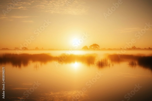 A tranquil landscape featuring mist rising from a calm river at sunrise. The scene is bathed in a warm golden hue, with trees and tall grasses reflected in the still water, creating a serene