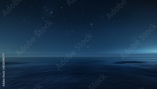 A serene night sky filled with stars, extending over a vast, calm ocean horizon. The image captures the tranquility of the sea under a dark blue, star-lit sky.