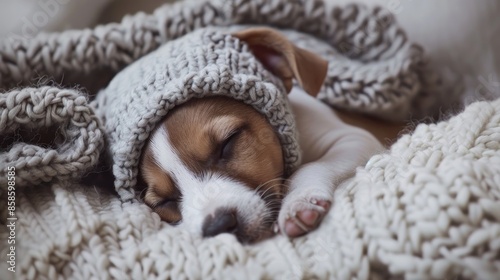 Adorable Jack Russell terrier puppy in cozy hat sleeping under blanket © AkuAku