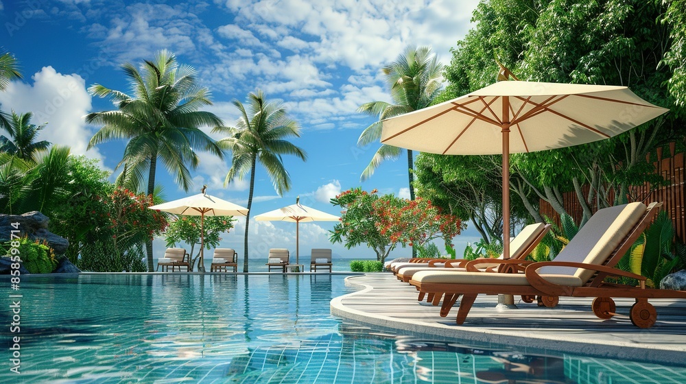 Tropical Poolside Comfort: Lounge Chairs and Umbrellas Tropical Poolside Comfort: Lounge Chairs and Umbrellas