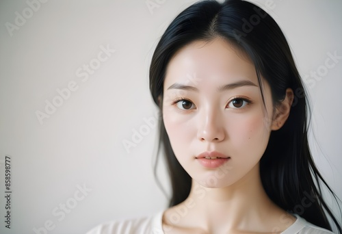 portrait of Asian woman, girl, model with pale skin. Thinking, serious. 