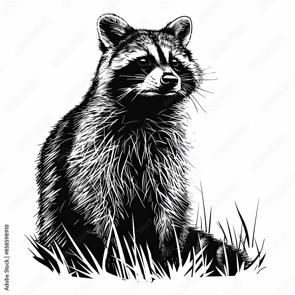 Obraz premium A black and white drawing of a raccoon in the grass