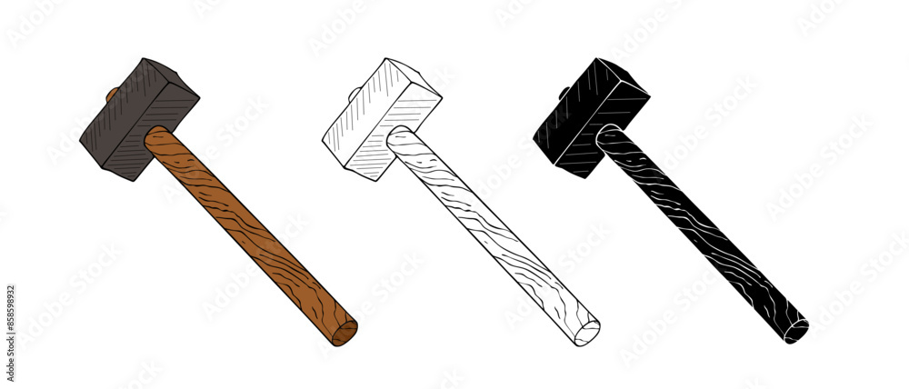 Iron hammer with wooden handle isolated on white background