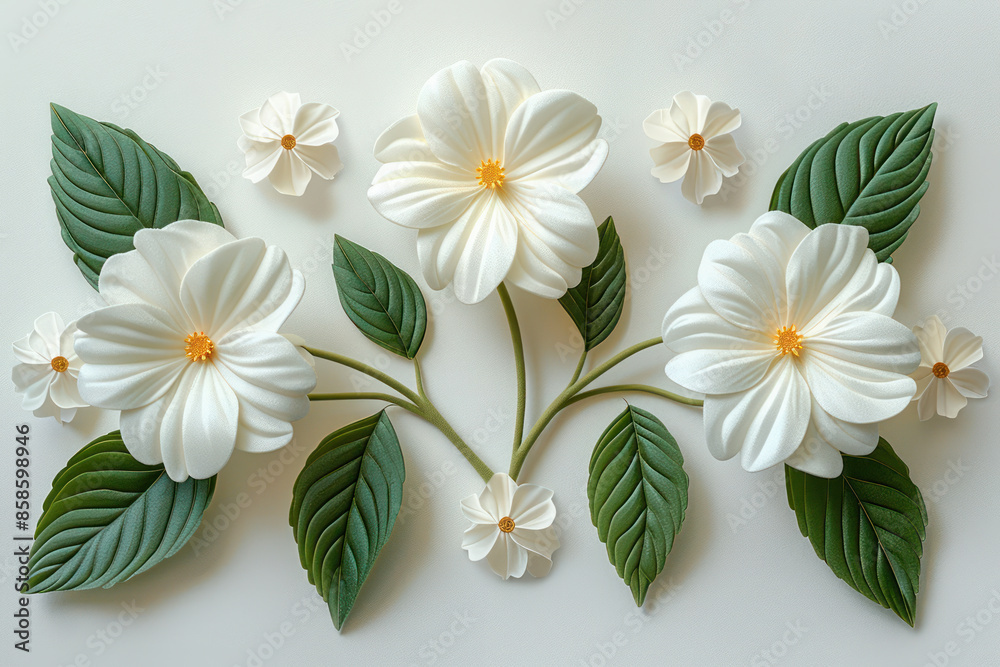 Obraz premium Beautiful Handmade Floral Art with White Flowers and Green Leaves, Perfect Wall Decoration for Home, Office or Gift Exquisite Craftsmanship and Elegant Design for Nature Lovers