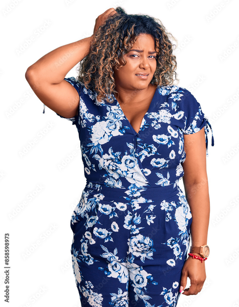 Young african american plus size woman wearing casual clothes confuse and wonder about question. uncertain with doubt, thinking with hand on head. pensive concept. Young african american plus size woman wearing casual clothes confuse and wonder about question. uncertain with doubt, thinking with hand on head. pensive concept.