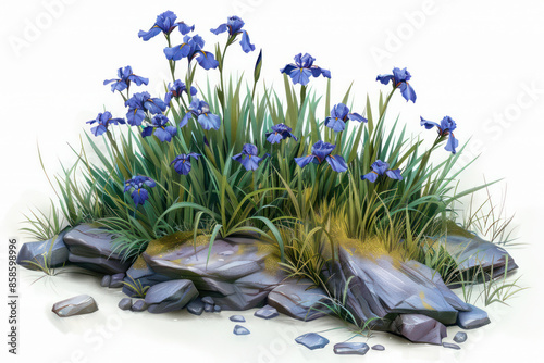 Beautiful blooming purple irises in a rocky garden setting illustrated in a detailed botanical art style, showcasing the juxtaposition of delicate flowers and sturdy rocks photo