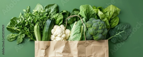 Paper bag filled with fresh green vegetables on a green background, healthy eating concept