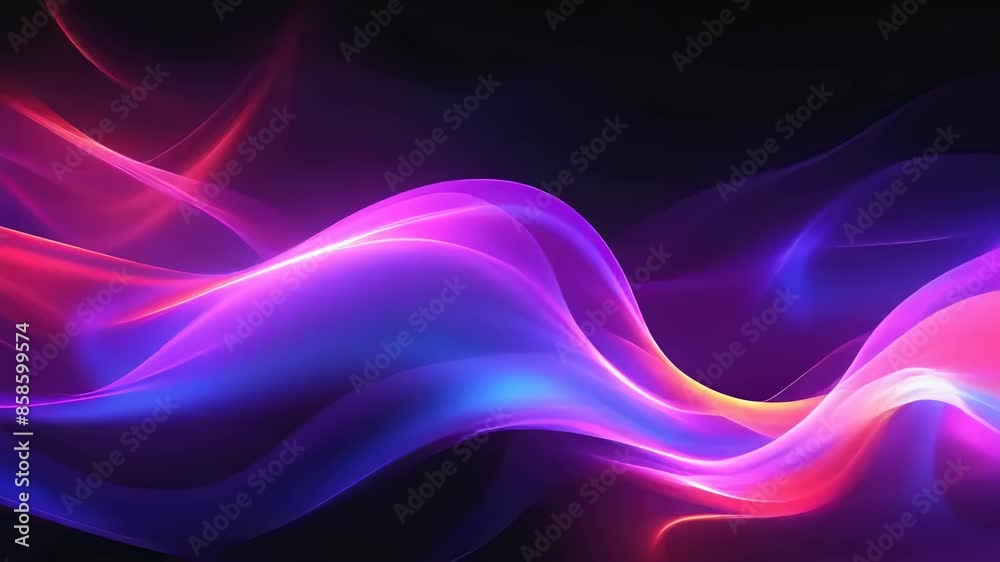 This digital artwork showcases vibrant neon waves of purples, pinks, and blues flowing across a dark background. The abstract design and luminous colors create a futuristic and dynamic visual effect,